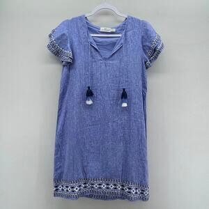 Vineyard Vines Linen Sheath Dress Womens XS Blue Embroidered Flutter Sleeve